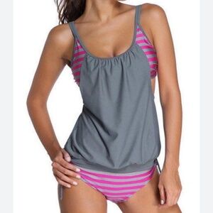 Tankini top with built-in striped sports bra and side-tie striped bikini bottoms